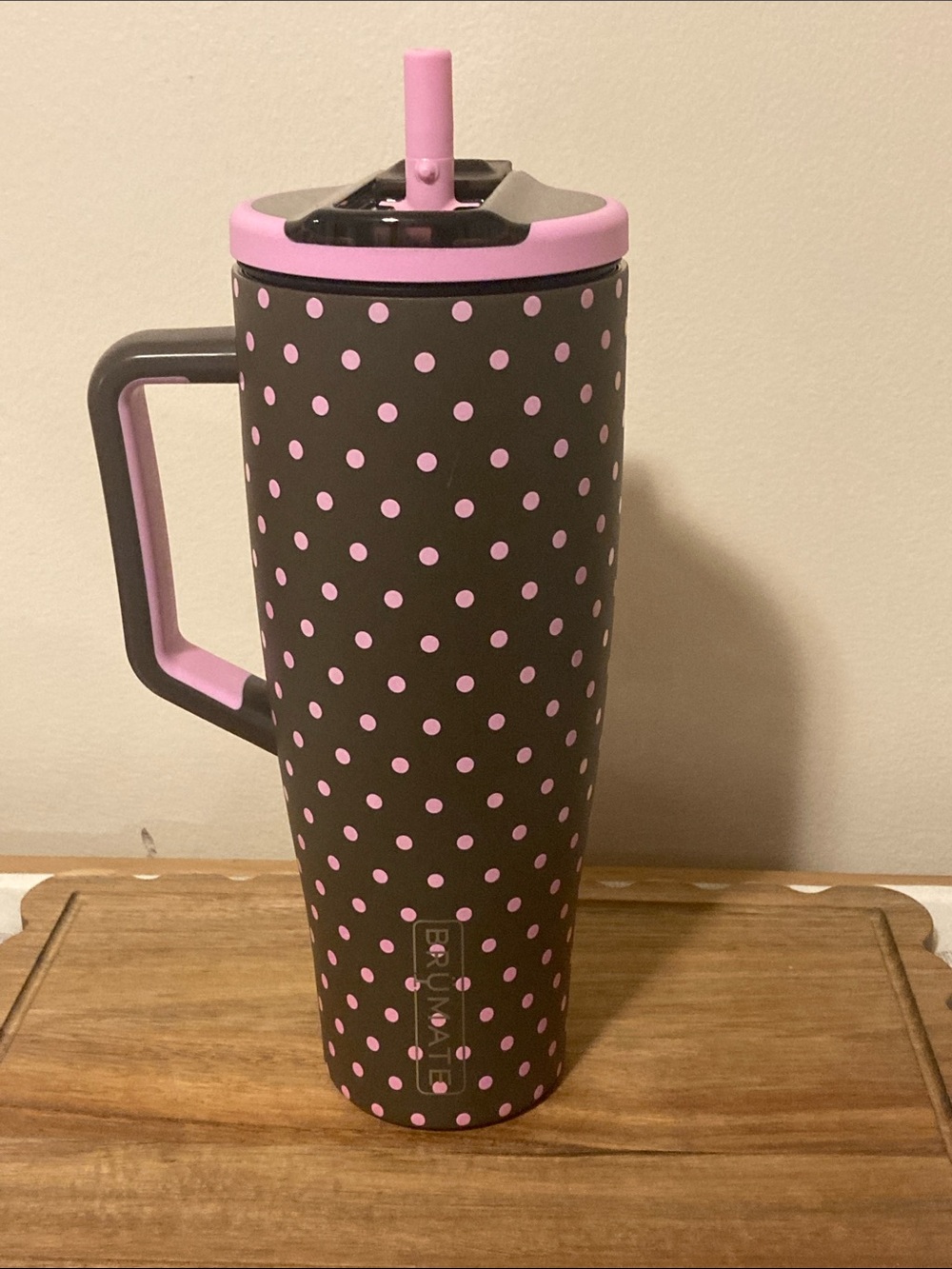 Polka Dot Insulated Travel Tumbler with Handle - Pink on Black